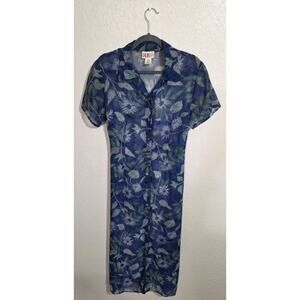 R&K Originals Women's Vintage Sheer Dress Blue Floral Button Down T Shirt Sz 12